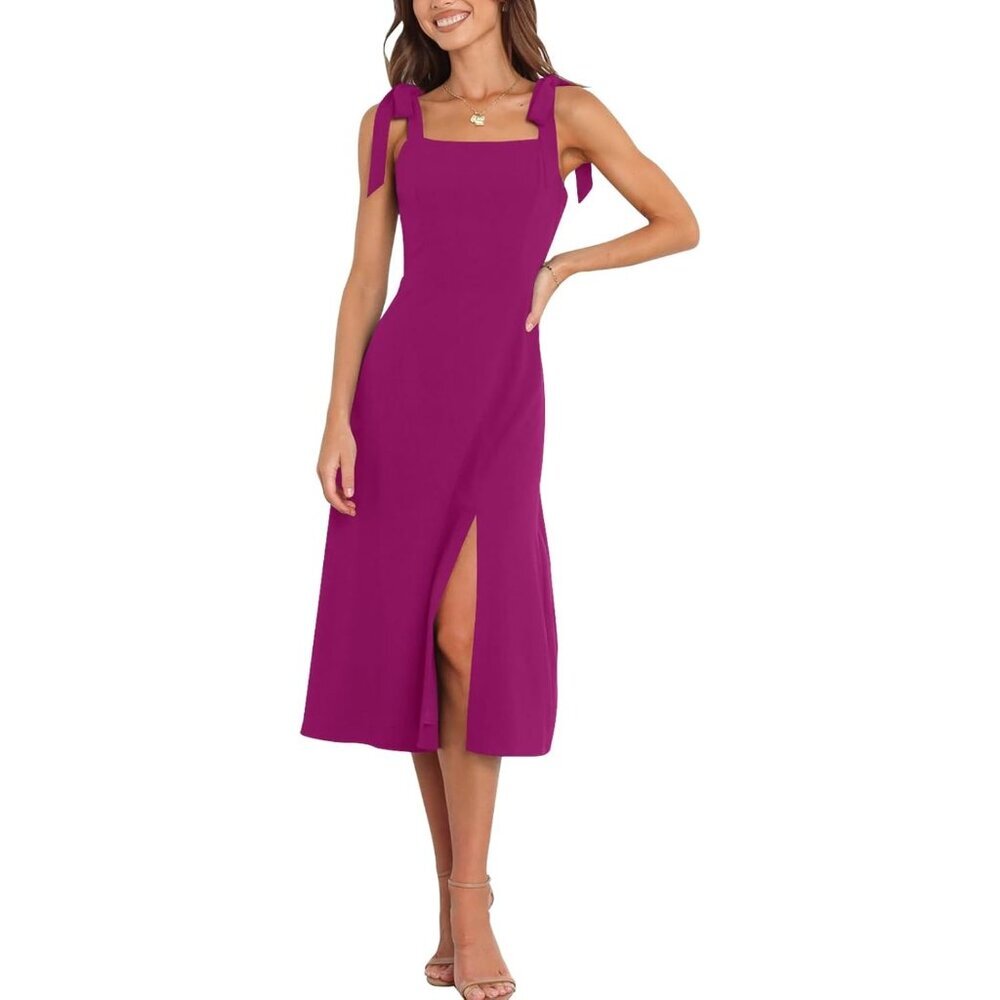 Women's Rose Red Elegant Square Neck Dress Split Midi Formal Cocktail Party